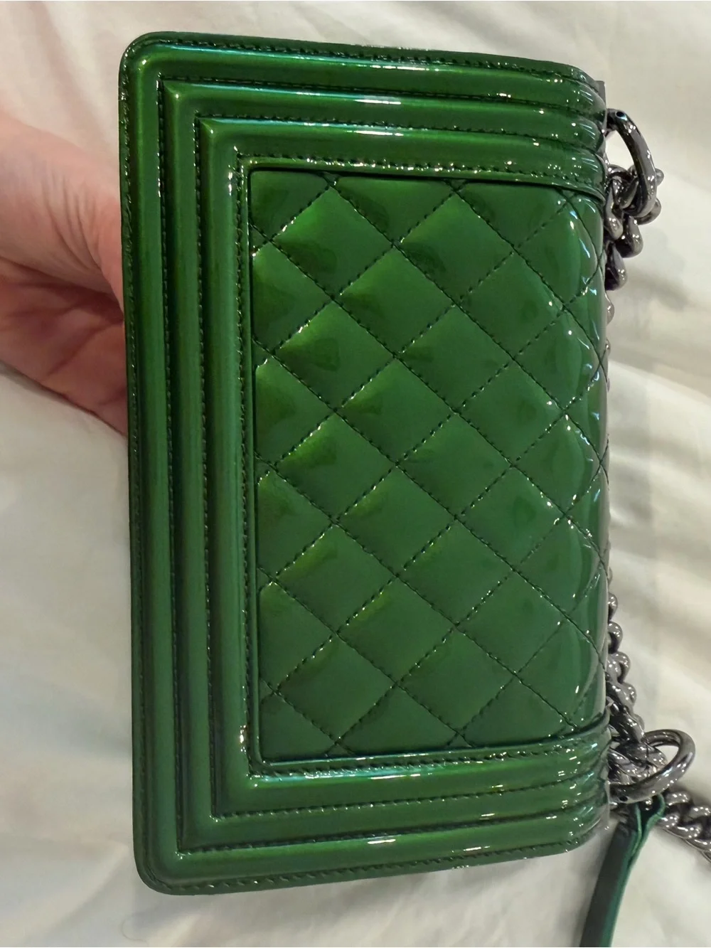 CHANEL Green Quilted Patent Leather Boy Bag with Silver Chain
